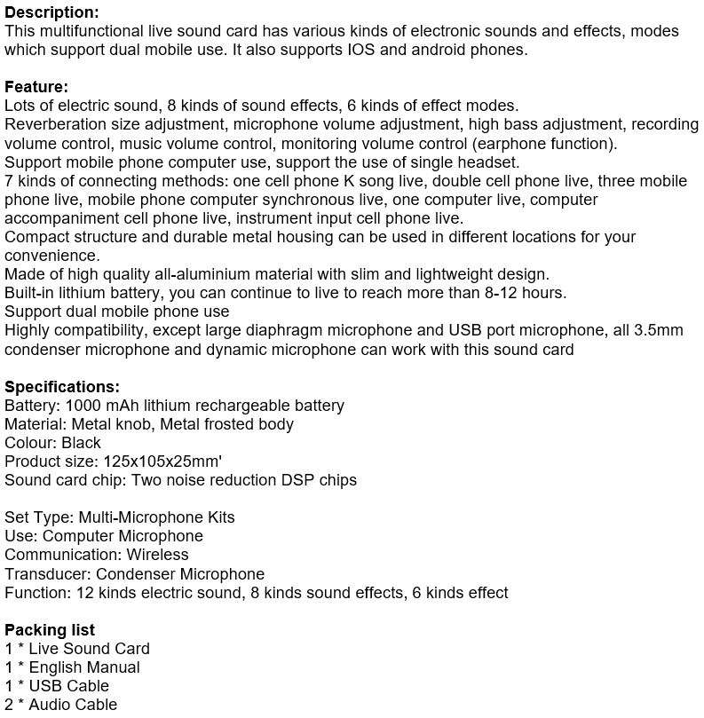 Rechargeable Bluetooth Live Sound Card, Various Electric Sound Effects, Support IOS & Android