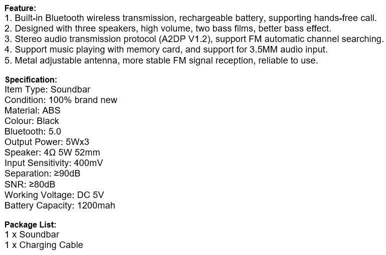 Wireless Bluetooth Soundbar with FM Radio & Build-In Mic, Support SD Card, USB, AUX