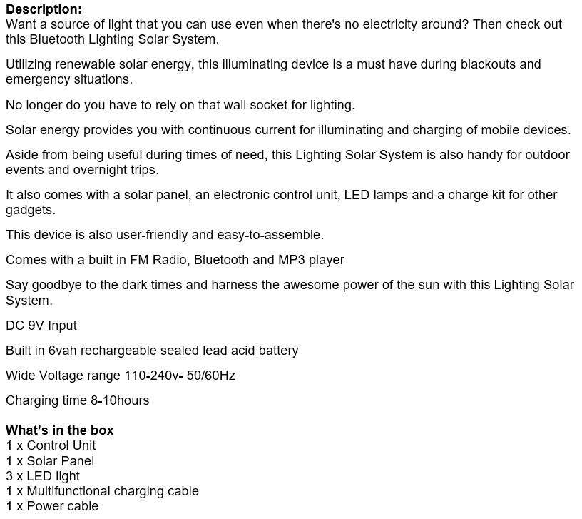 BLUETOOTH SOLAR Lightening System, for Indoor and Outdoor use, Support SD Card, USB ect.