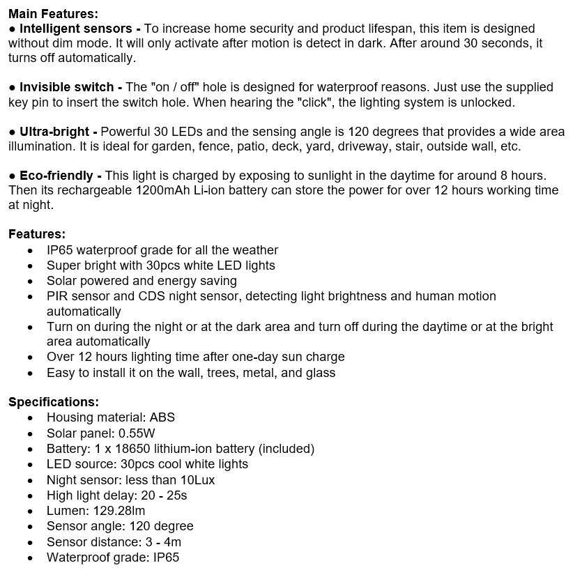 30 LED Solar Power Wall Light, PIR Motion Sensor, Waterproof, Night Sensor & Eco-friendly