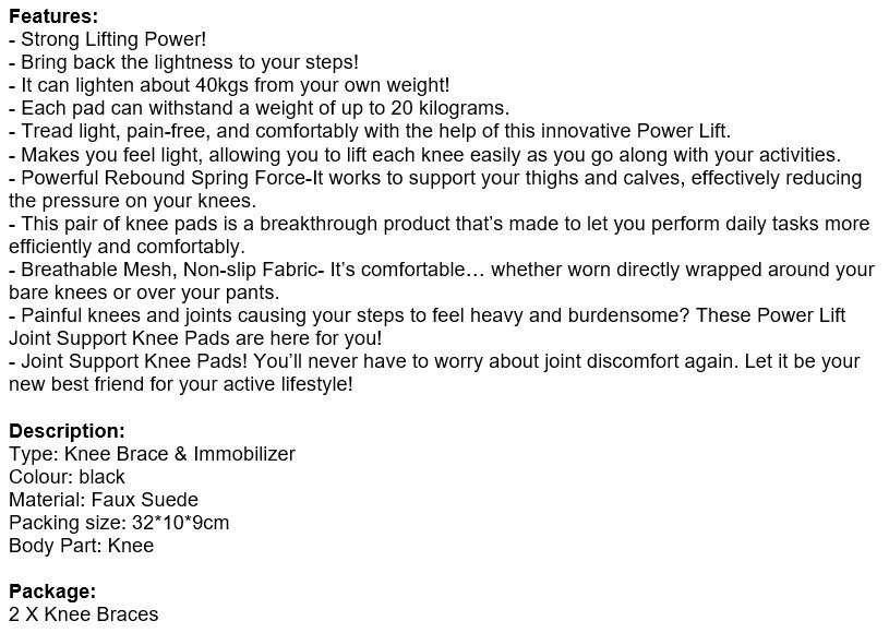 1 Pair Power Lift Joint Support Knee Braces & Immobilizer, No more Painful Knees and Joints