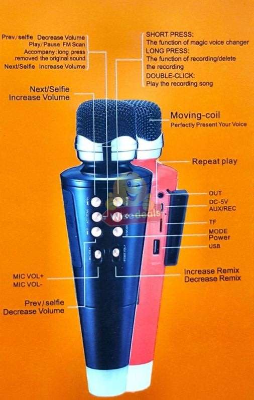 Wireless Bluetooth Karaoke Microphone & Speaker, Support Headphone, Aux, SD Card, USB & FM Radio