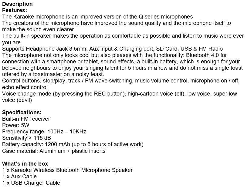 Wireless Bluetooth Karaoke Microphone & Speaker, Support Headphone, Aux, SD Card, USB & FM Radio