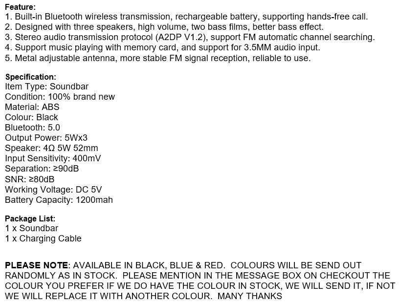 Wireless Bluetooth Soundbar with FM Radio & Build-In Mic, Support SD Card, USB, AUX