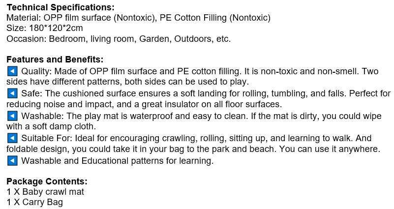 Large Double Sided Educational Play & Crawl Mat, Waterproof & Non-toxic Soft Foam