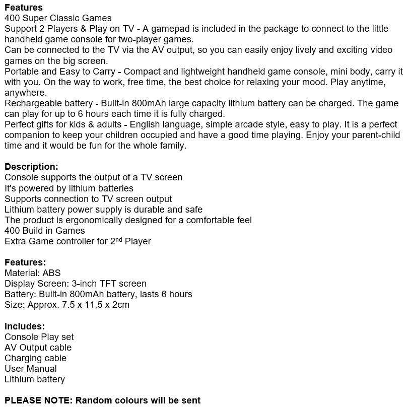 Game Console with 2 Player Controller and 400 Built-in Games, Hours of Fun for the Whole Family