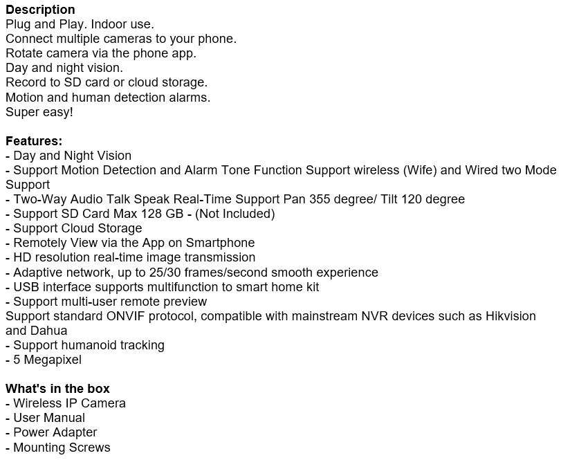 Wireless WIFI IP Security Surveillance Camera, 5MP, Support Motion Detection & Tracking