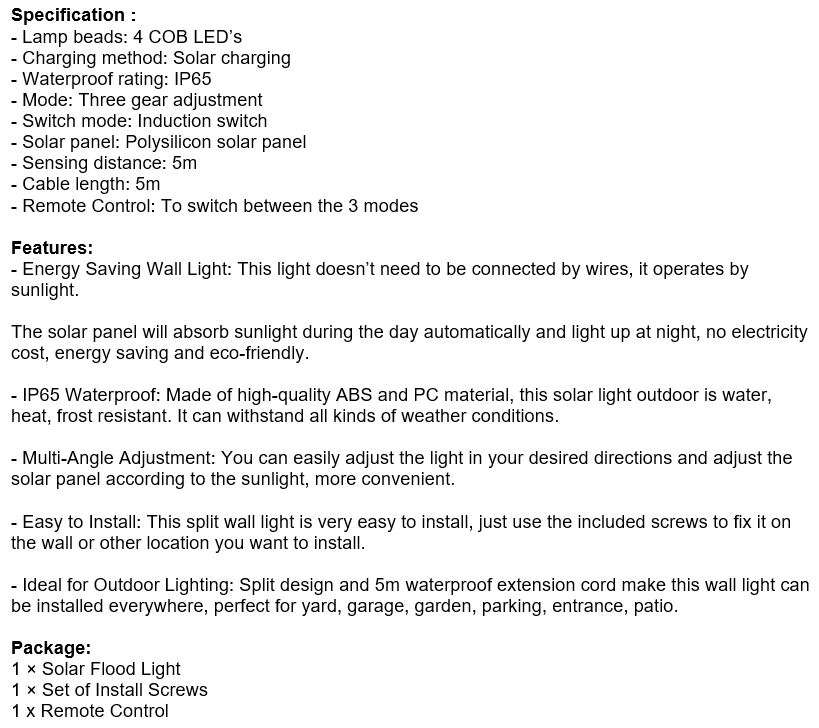 COB LED Multi functional SOLAR Energy Flood Light Kit with Remote Control & 3 Modes