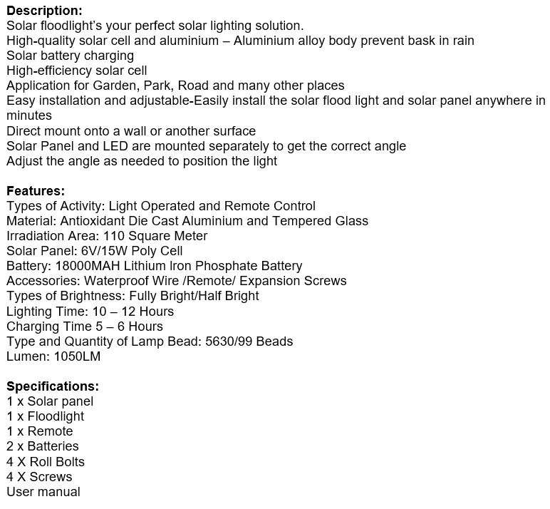 40W LED SOLAR Flood Light with Remote Control, Solar Panel, Waterproof and 1050 Lumens