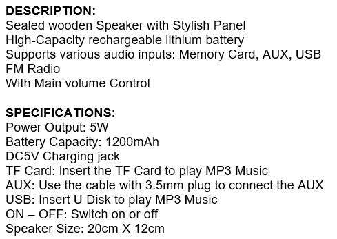 Wireless Bluetooth Speaker with FM Radio & Build-In Mic, Support SD Card, USB, AUX
