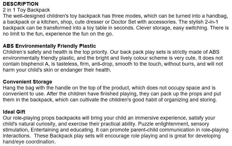 2 in 1 Backpack Educational Play Sets, 4 different design to choose from with lots of accessories