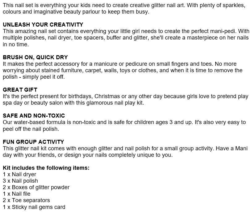 This Amazing Nail Set contains everything your little girl needs to create the perfect mani-pedi