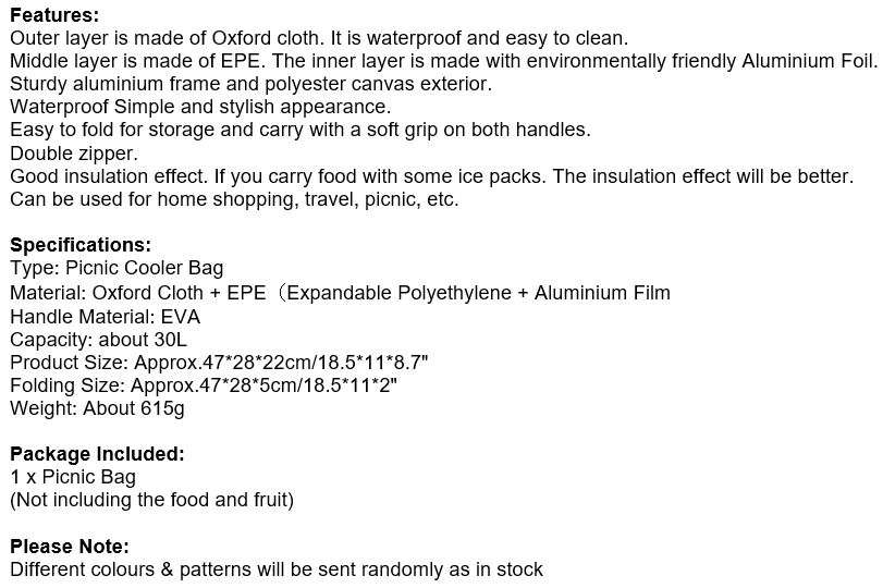 Picnic Cooler Bag, keep food warm or drinks cold, perfect for camping, picnic, hunting, fishing etc.