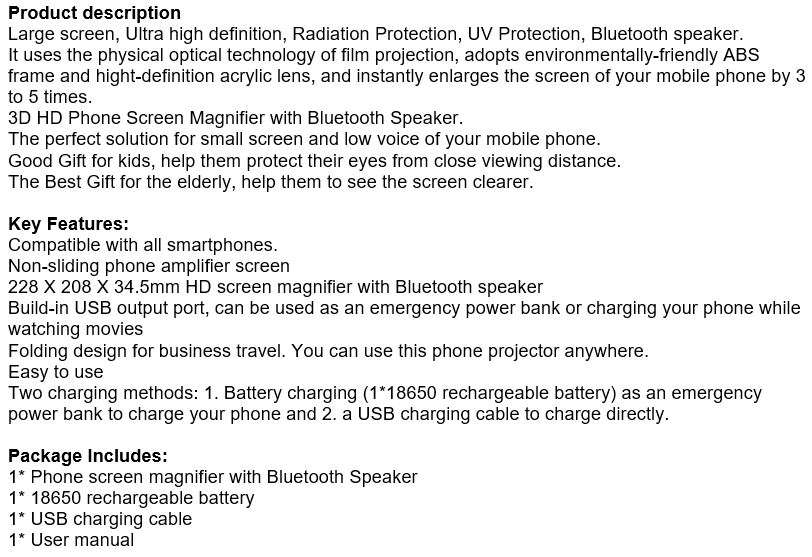 Bluetooth Speaker with Phone Screen Magnifier, Rechargeable, USB & SD Ports, Your own Home Cinema