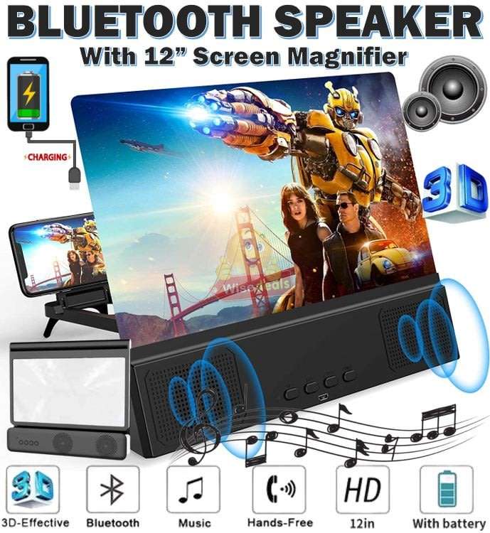 Bluetooth Speaker with Phone Screen Magnifier, Rechargeable, USB & SD Ports, Your own Home Cinema