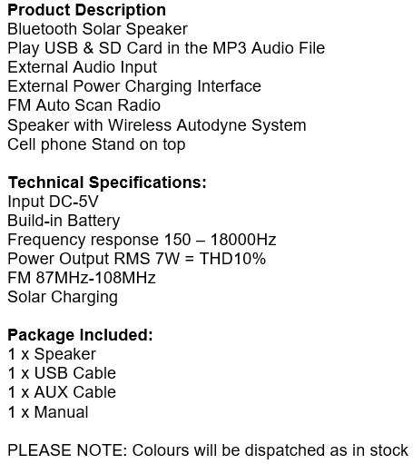 Wireless Bluetooth SOLAR Speaker with FM Radio and Build-In Mic, Support SD Card, USB, AUX