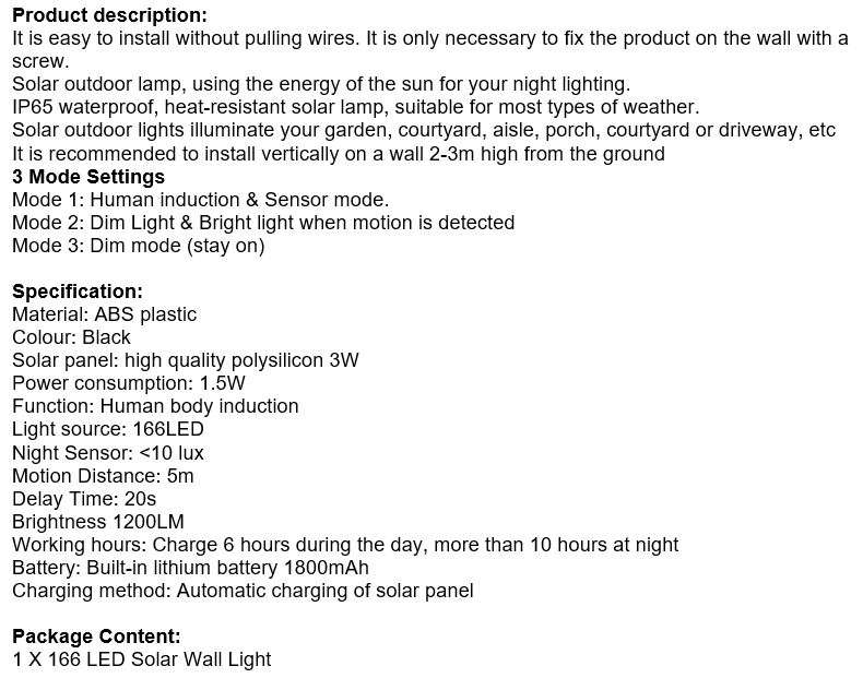 Super Bright 166 LED Solar Motion Wall Light with 3 Mode Settings, 1200LM, Waterproof etc.