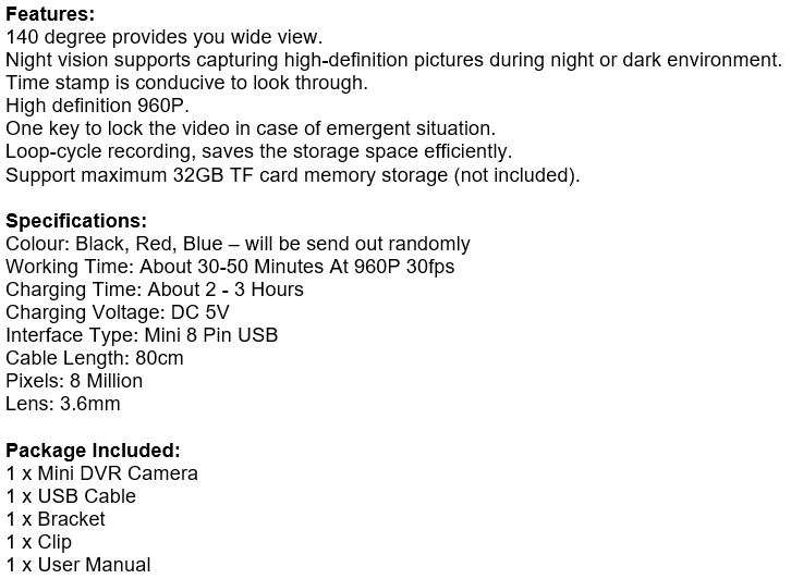 Mini Camera 960P Motion Sensor Camcorder, IR Night Vision, 140 degree view Angle etc