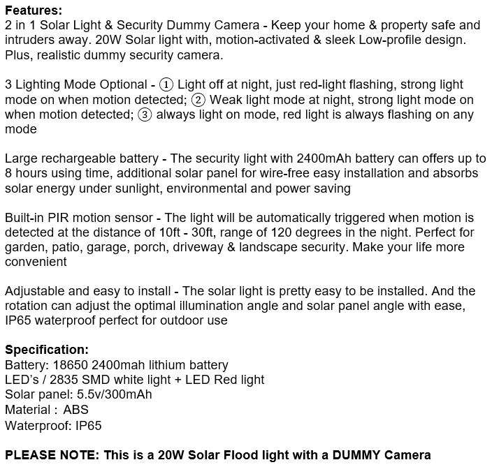Solar Security Motion Sensor Flood Light with Remote Control, 3 Setting Modes, Waterproof etc.