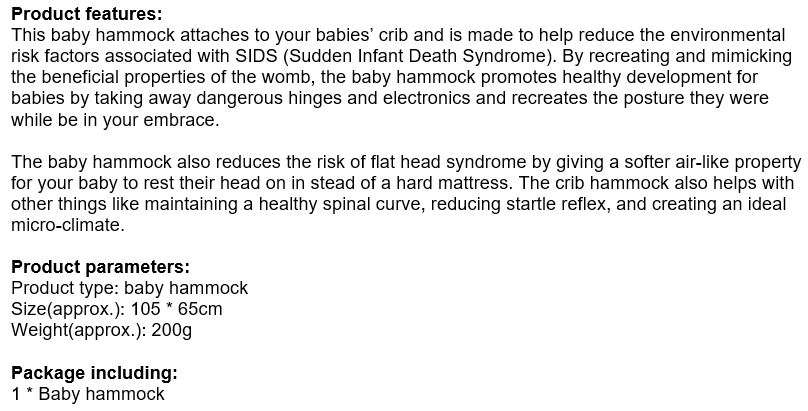 Baby Hammock - Reduce risk factors associated with SIDS, Environmental and breathable material