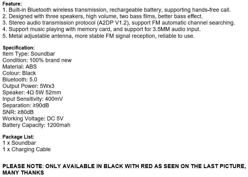 Wireless Bluetooth Soundbar with FM Radio & Build-In Mic, Support SD Card, USB, AUX