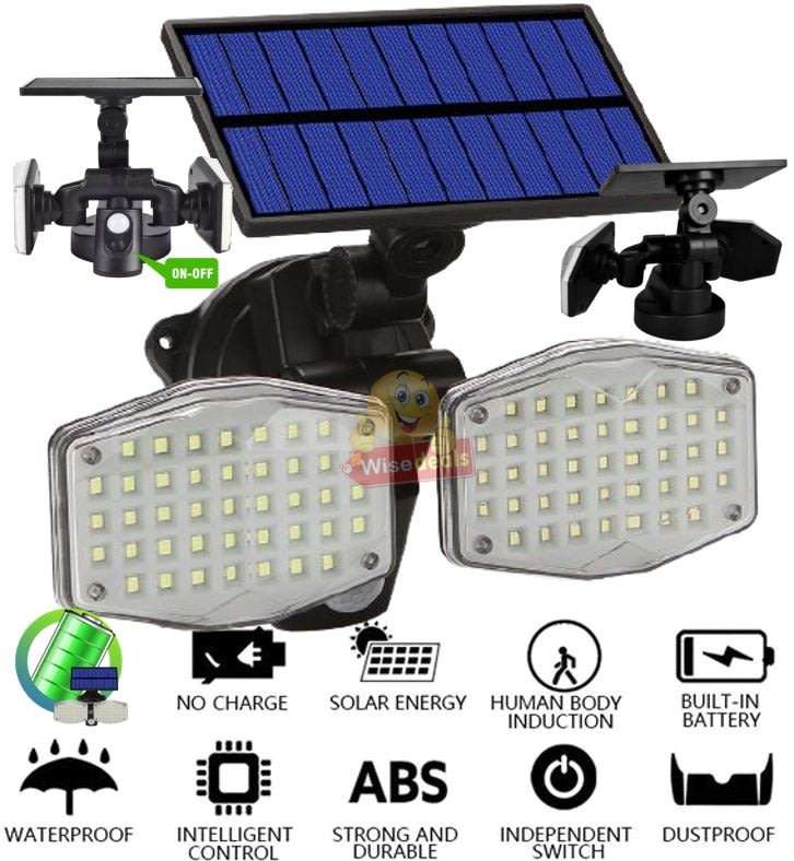Solar Flood Light, 2 adjustable heads, 3 modes, Rechargeable Lithium battery, Waterproof etc