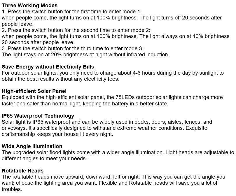 Solar Flood Light, 2 adjustable heads, 3 modes, Rechargeable Lithium battery, Waterproof etc