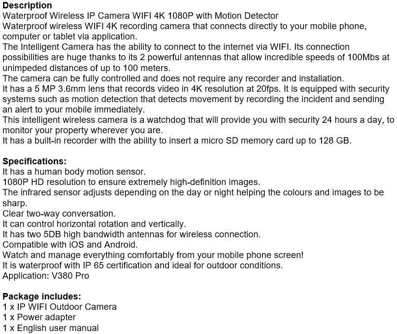 5MP, Waterproof Outdoor 4K WIFI Intelligent IP Camera, Motion Detector, Two-way Communication etc.