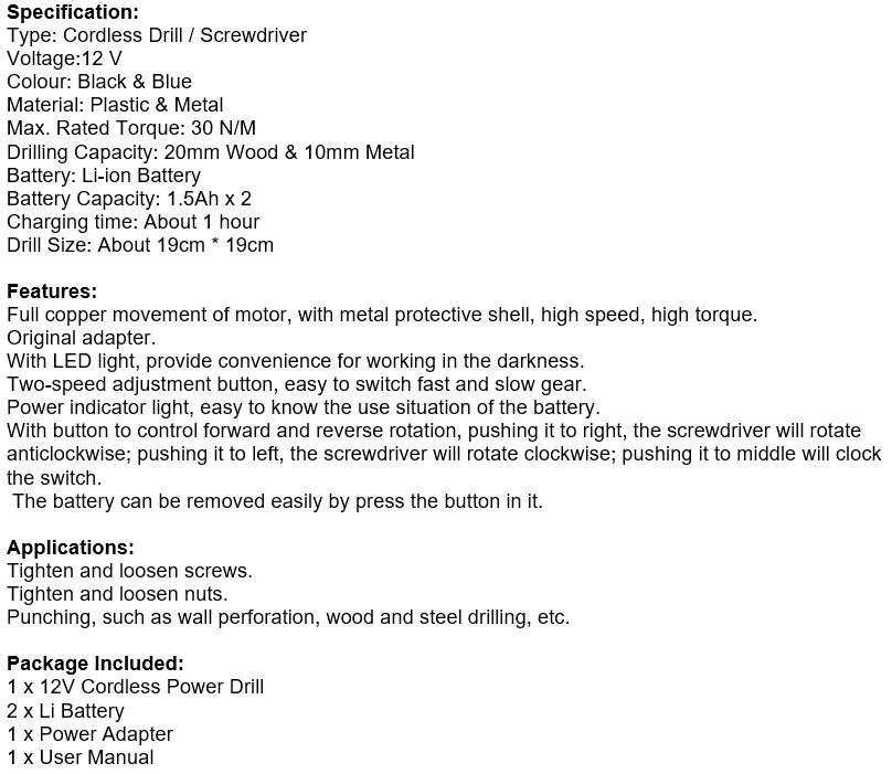 12V Cordless Drill / Screwdriver in Storage Case with 2 X Rechargeable Batteries & Power Adaptor