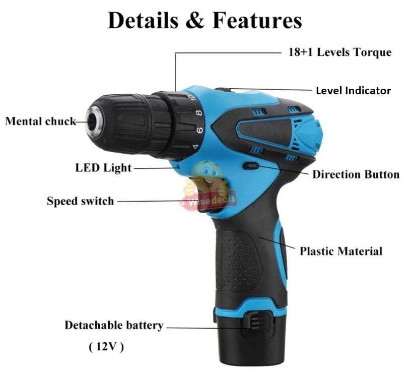 12V Cordless Drill / Screwdriver in Storage Case with 2 X Rechargeable Batteries & Power Adaptor