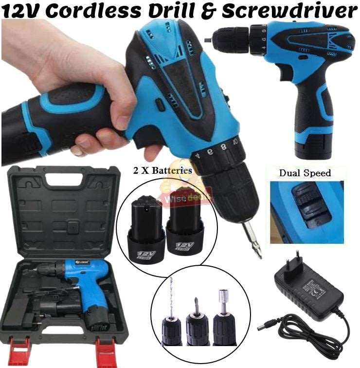 12V Cordless Drill / Screwdriver in Storage Case with 2 X Rechargeable Batteries & Power Adaptor