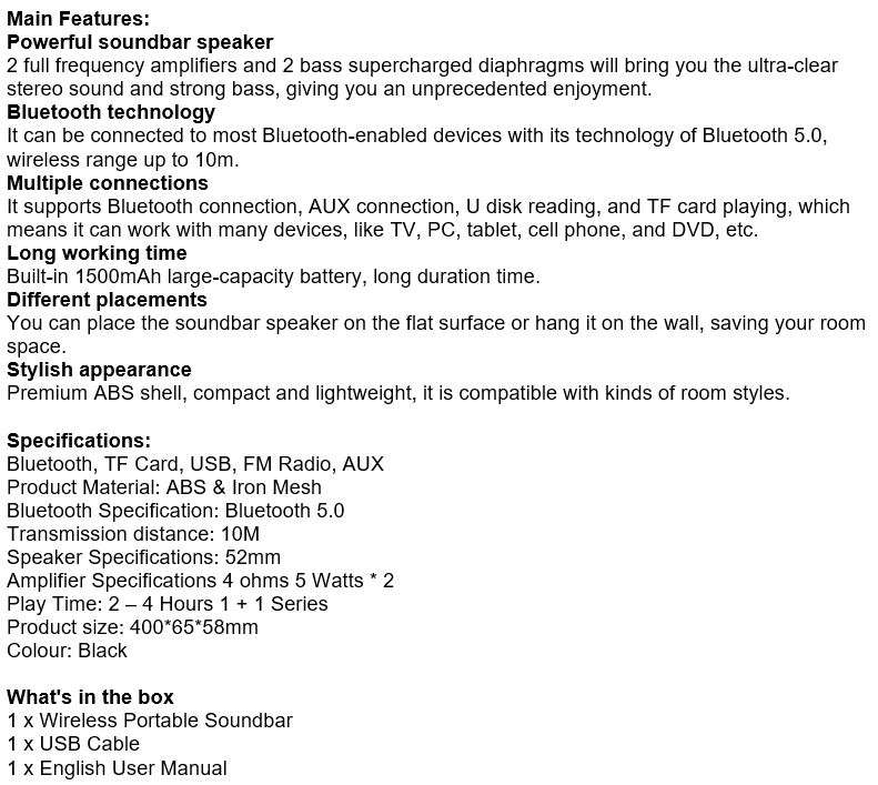 Wireless Bluetooth Sound bar with FM Radio, Support SD Card, USB, AUX, Superb Sound