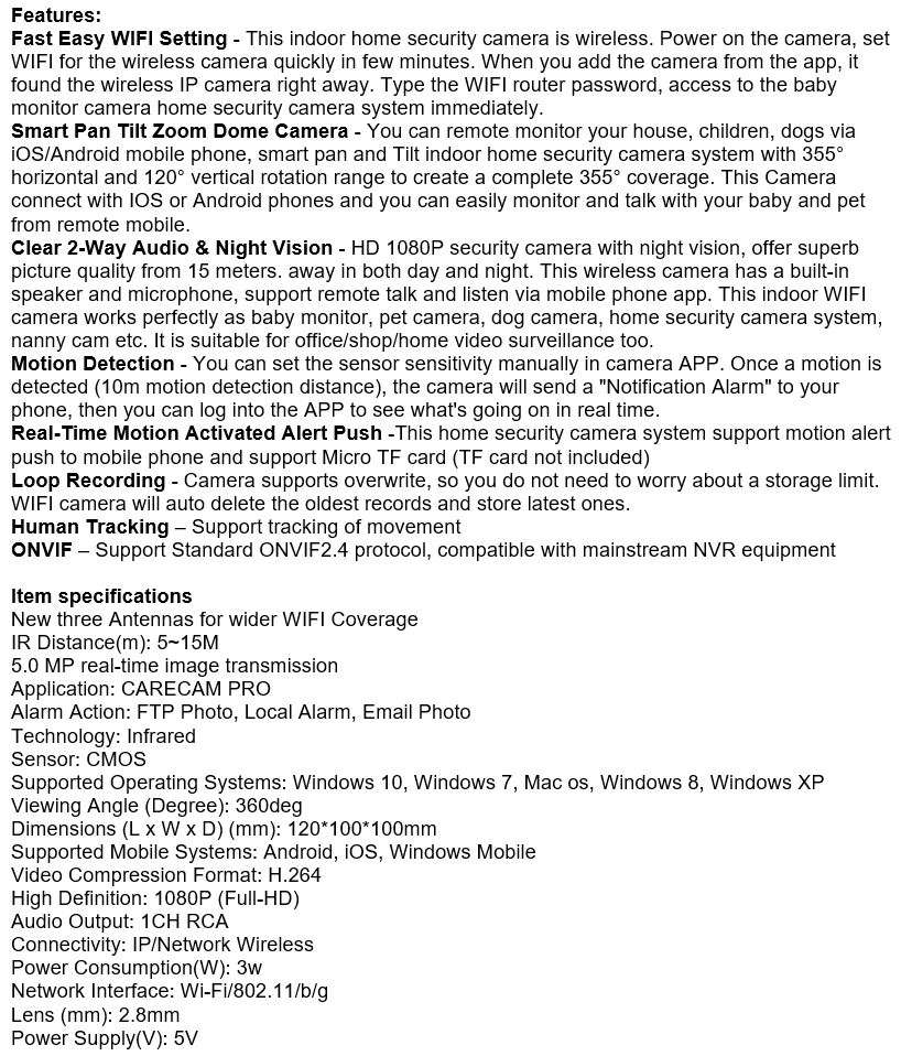 3 Antenna 5.0MP 1080P Wireless WIFI Surveillance IP Camera, Night Vision, Motion Detection, Two-way