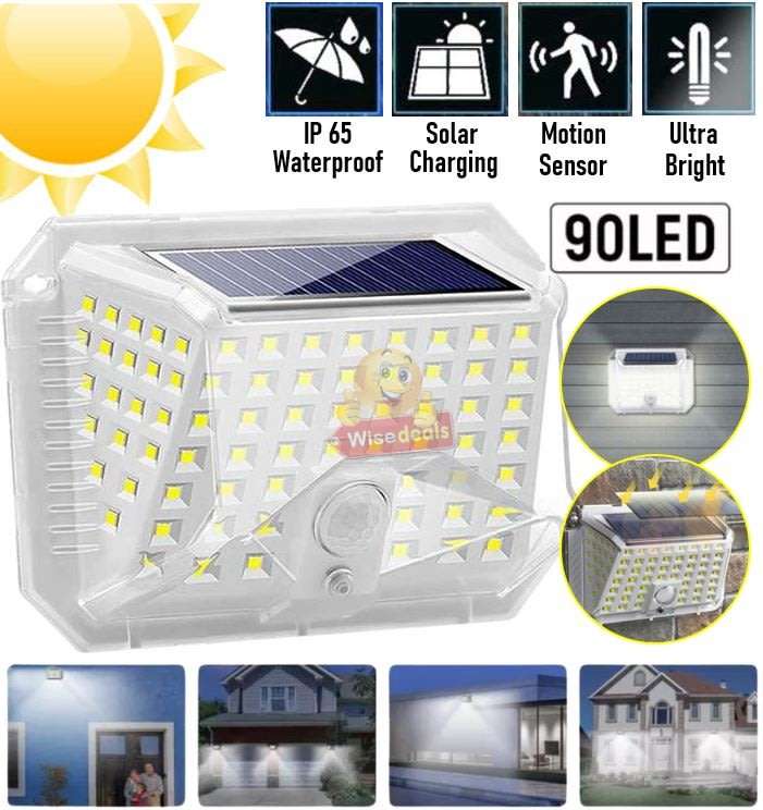 90 LED Super Bright SOLAR Wall Light with 3 Modes, PIR Motion Sensor, Waterproof & Eco-Friendly