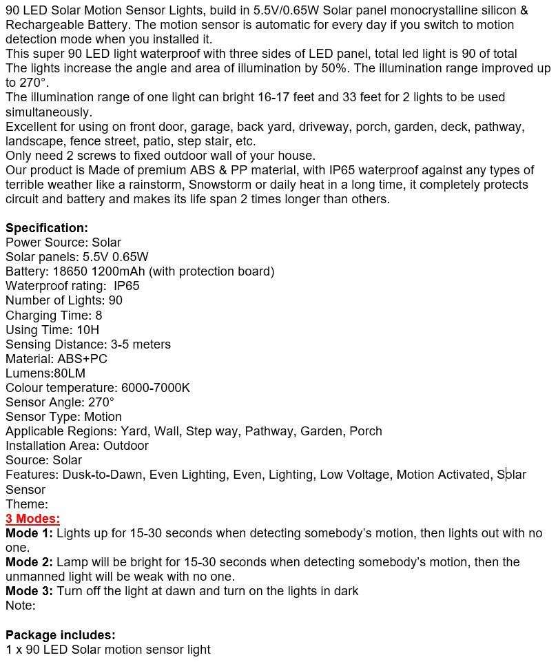 90 LED Super Bright SOLAR Wall Light with 3 Modes, PIR Motion Sensor, Waterproof & Eco-Friendly