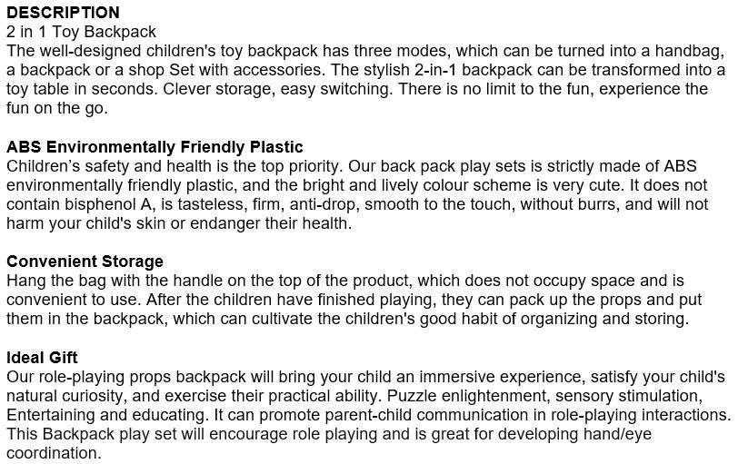 2 in 1 Backpack Educational Play Sets, Fruit Shop Market with lots of accessories