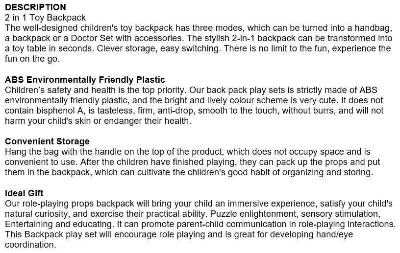 2 in 1 Backpack Educational Play Sets, Cure Doctor Set with lots of accessories