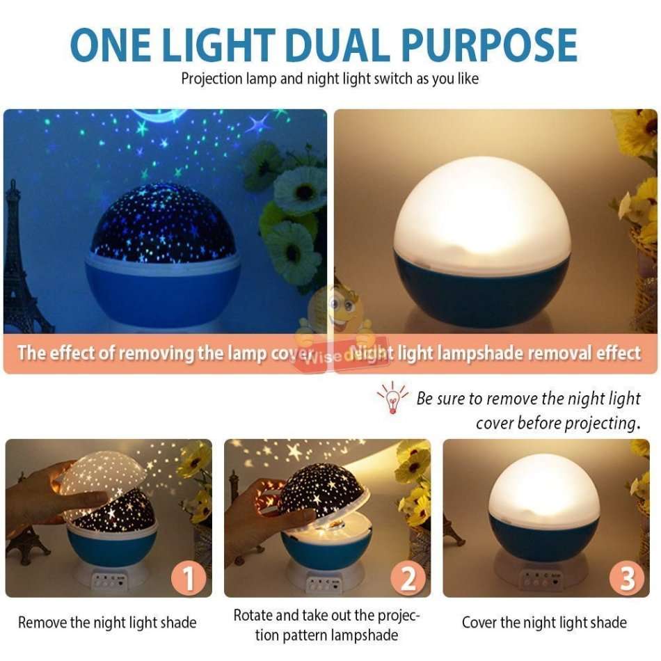 Rotating Starry Night Sky Projector Lamp with moon & stars in colour or soft white night bed lamp