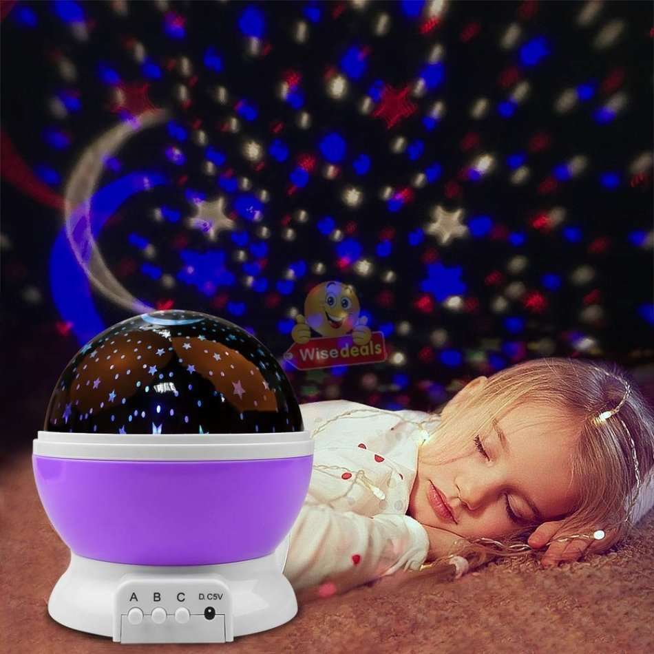 Rotating Starry Night Sky Projector Lamp with moon & stars in colour or soft white night bed lamp