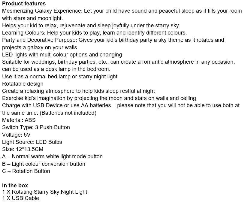 Rotating Starry Night Sky Projector Lamp with moon & stars in colour or soft white night bed lamp