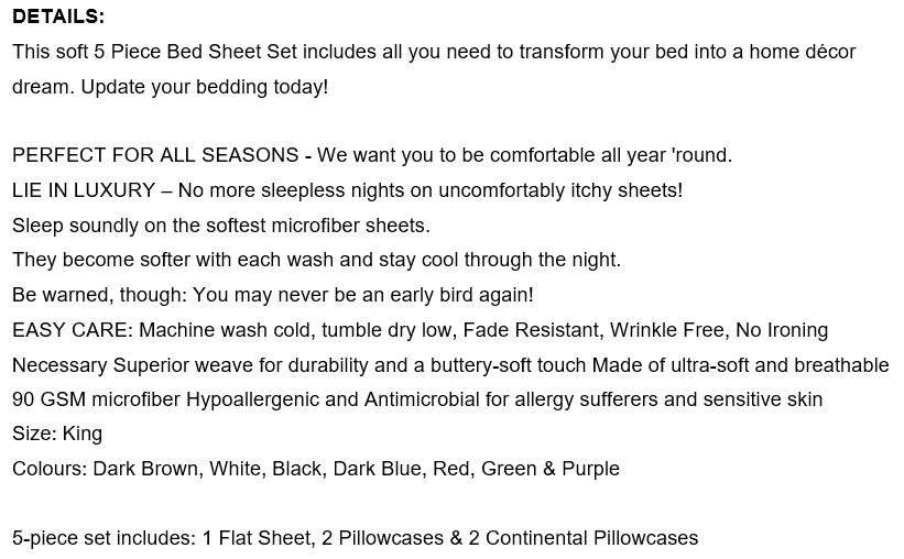 OUTSTANDING 5 PIECE KING SIZE Bed Sheet Set -  Get everything you need in one set!
