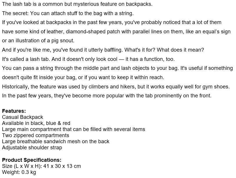 Casual Backpack with Diamond Lash Tab, the perfect companion on your everyday adventure