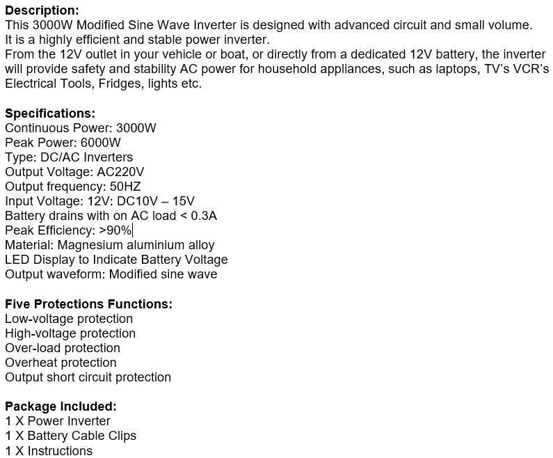 3000W Solar Power Inverter  3000W Constant Power & 6000W Surge Power, Convert 12V DC to 220V AC