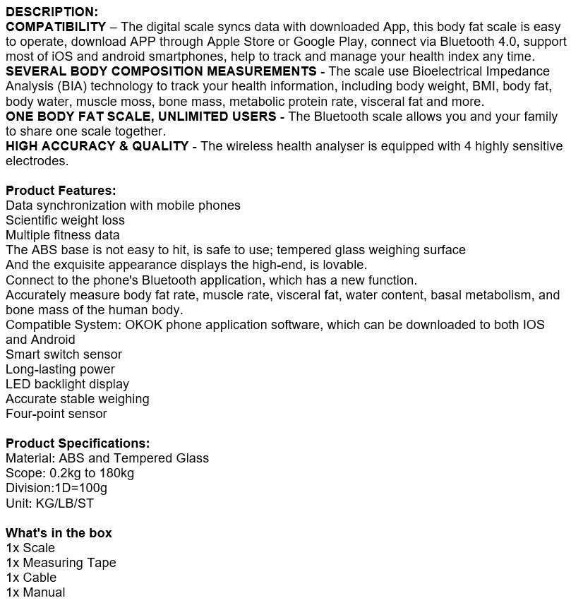 Smart Bluetooth Scale, Measure Several Body Compositions & Support Several Users