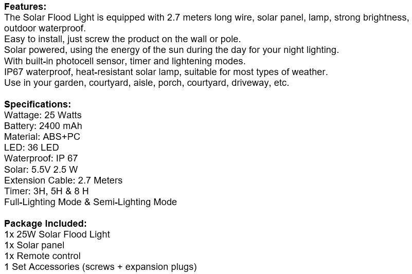 25W Solar Flood Light with Remote Control - Set Light on Timer and 2 Lightening modes
