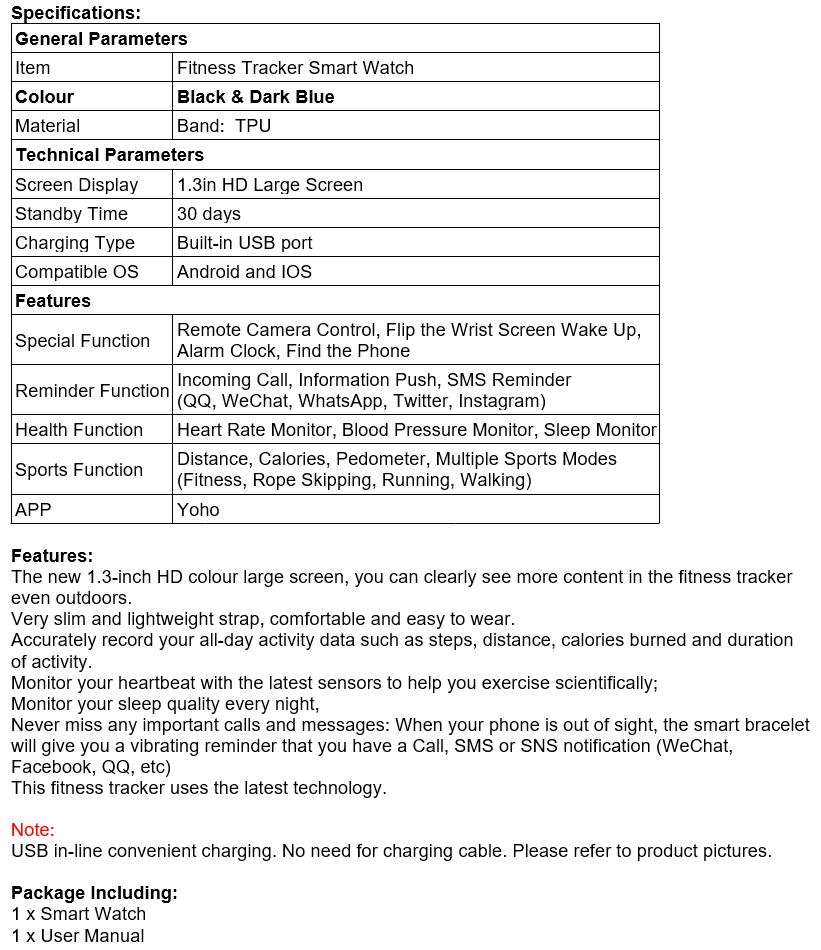 Bluetooth Fitness Smart Watch - Monitor Heart Rate, Blood Pressure, Blood Oxygen, Calorie, Distance