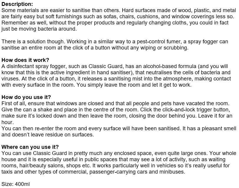 Classic Guard Spray Fogger - Sanitize an Entire Room in 3 minutes with the click of a button