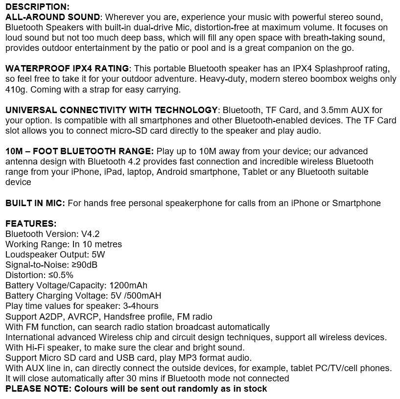 Portable Waterproof Bluetooth Speaker with FM Radio & Mic, Support SD Card, USB, Aux