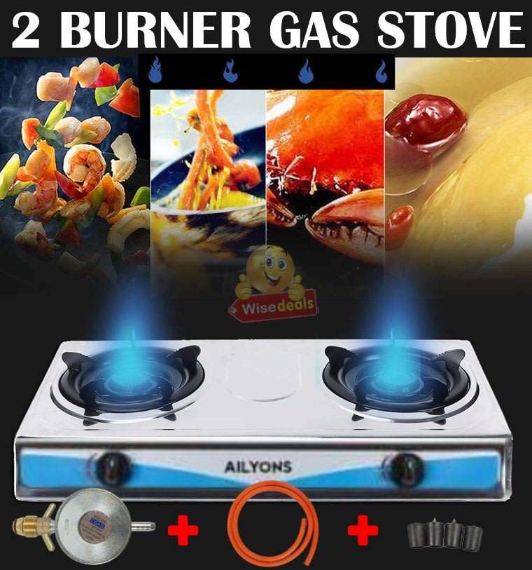 Large Stainless Steel Double Burner Gas Stove with Regulator & Hose Perfect for every day use