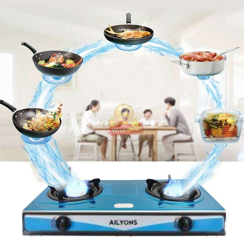 Large Stainless Steel Double Burner Gas Stove with Regulator & Hose Perfect for every day use